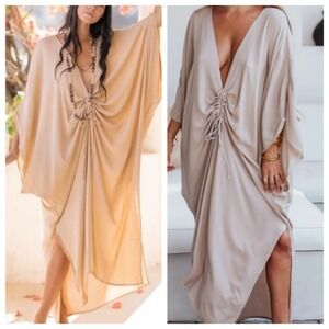 Myrah Penaloza Virgo Bamboo Kaftan Dress One Size Tan Cinched Bali Handmade